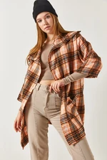 armonika Women's Orange Checkered Loose Pocket Jacket