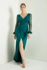 Lafaba Women's Emerald Green V-Neck Long Evening Dress with a Slit with Jewels on the sleeves.