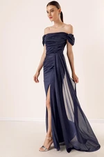 By Saygı Navy Blue Lined Long Sleeve Glittering Dress With Pleats