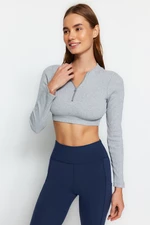 Trendyol Gray Melange Ribbed and Zipper Detailed Yoga Crop Knitted Sports Top/Blouse