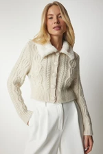 Happiness İstanbul Women's Cream Shearling Collar Patterned Knitwear Cardigan