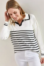 Bianco Lucci Women's Colorful Polo Neck Striped Sweater