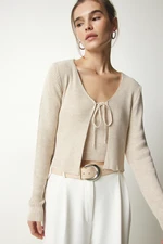 Happiness İstanbul Women's Cream Corduroy Sweater Crop Cardigan Suit