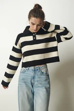 Happiness İstanbul Women's Black Cream Stylish Buttoned Collar Striped Crop Knitwear Sweater