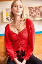 Olalook Women's Red Knitted Blouse with Shirries