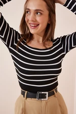 Happiness İstanbul Women's Black Square Collar Crop Striped Knitwear Blouse