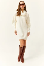 Olalook Women's Ecru Turndown Collar Soft Textured Knitwear Tunic Dress