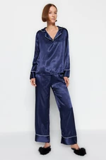 Trendyol Blue Piping Detailed Satin Shirt-Pants Woven Pajamas Set