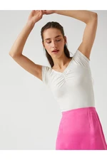 Koton Basic Gathered V-Neck Ribbed Short Sleeve T-Shirt