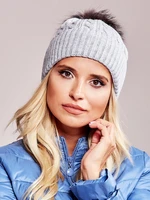 Gray cap with edging and fur pompom