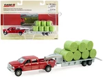 Dodge Ram 2500 Heavy Duty Pickup Truck Red with Flatbed Trailer Silver and 11 Hay Bales Set of 3 pieces "Case IH Agriculture" Series 1/64 Diecast Mod