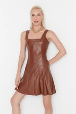 Trendyol Brown Pleated Imitation Leather Elegant Evening Dress