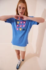 Happiness İstanbul Women's Indigo Blue Embroidered T-Shirt