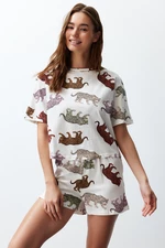 Trendyol Women's Couple/Pair Ecru 100% Cotton Animal Pattern Knitted Pajamas Set