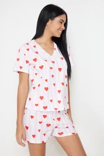 Trendyol Pudrově-Multicolor 100% Bavlněné Pruhované a Srdíčkové Pletené Pyžamo Set