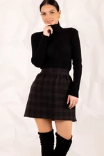armonika Women's Brown Checkered Short Skirt With Elastic Waist