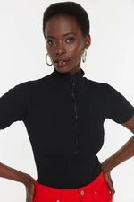 Trendyol Black Zippered Fitted/Sleeved Ribbon Knitted Blouse with a Stand-Up Collar, Stretch