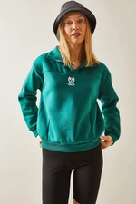 XHAN Green Stand-Up Collar Zippered & Raised Sweatshirt