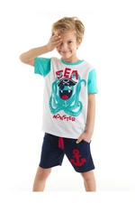 Denokids Sea Monster Boy's White T-shirt, Navy Blue Shorts Set