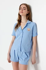 Trendyol Blue Cotton Teddy Bear Embroidered Shirt-Shorts Knitted Pajamas Set
