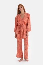 Dagi Tile Size Printed Satin Dressing Gown with Slit Detail.