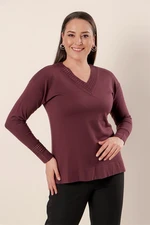 By Saygı The collar and sleeve ends are silvery perforated. Work Front Short Long Back Plus Size Acrylic Sweater Plum.