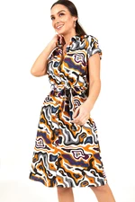armonika Women's Camel Patterned Belted Tie Waist Short Sleeve Shirt Dress