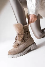 Marjin Women's Genuine Leather and Shearling Snow Boots with Lace-Up Ankle Boots White and Mink Suede.