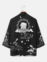 Mens Japanese Style Cat Print Open Front Loose Kimono
