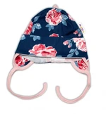 Baby Nellys Bavlněná čepička s oušky na zavazování - Růže, pudrová/granát, vel. 50-56 (0-2m)