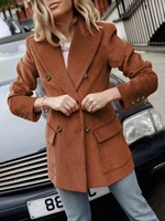Women Corduroy Double Breasted Lapel Casual Long Sleeve Blazers With Pocket