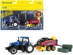 New Holland T8.380 Genesis Tractor Blue with New Holland Big Baler 330 Red and 3 Bales Set of 3 pieces 1/64 Diecast Models by ERTL TOMY