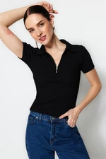 Trendyol Black Zipper Detail Fitted/Simple Polo Collar Ribbed Stretch Knitted Blouse