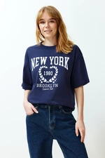 Trendyol Navy Blue 100% Cotton City Print Oversize/Wide-Fit Knitted T-Shirt