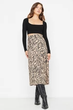 Trendyol Camel Knitted Skirt With Slit Detail Flounce