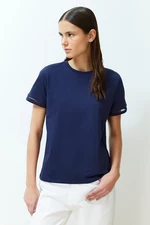 Trendyol Navy Blue 100% Cotton Embroidery Detailed Basic Crew Neck Knitted T-Shirt