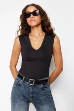 Trendyol Black Fitted Zero Sleeve V-Neck Flexible Snap Fastener Knitted Body