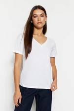 Trendyol White 100% Cotton Basic V-Neck Knitted T-Shirt