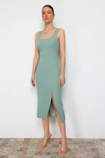 Trendyol Mint Fitted Slit Square Neck Stretchy Knitted Midi Pencil Dress