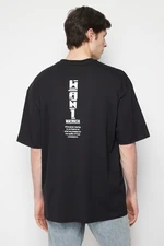 Trendyol Black Oversize/Wide-Fit Text Printed Back 100% Cotton T-shirt