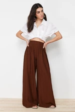 Trendyol Pleat Detail Wide Leg Dark Brown Textured Fabric Woven Trousers