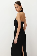 Trendyol Black Body-fitting Woven Turndown Collar Long Evening Evening Dress