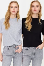 Trendyol Black-Grey Melange 2-Pack 100% Cotton Basic Stand-Up Collar Knitted T-Shirt