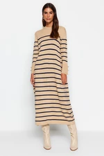 Trendyol Stone Sleeves Button Detailed Striped Knitwear Dress