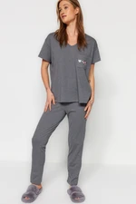 Trendyol Gray 100% Cotton Pocket Printed Wide Fit Tshirt-Pants Knitted Pajamas Set