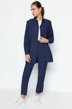 Trendyol Navy Blue Linen Look Shirt-Pants Woven Suit