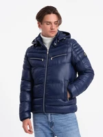 Ombre Men's winter quilted jacket with decorative zippers - dark blue