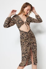 Trendyol Ethnic Print Fitted Midi Woven Cut Out/Window Beach Dress