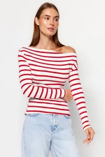 Trendyol Red Stripe Premium Soft Fabric Fitted/Situated Boat Collar Knitted Blouse