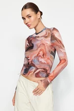 Trendyol Brown Patterned Draped Sheer Backless Fitted/Situated Tulle Knitted Blouse